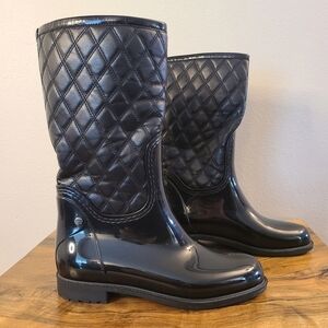 Stuart Weitzman Black Rubber & Quilted Leather Rain Boots